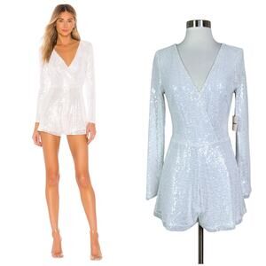 NEW Superdown | Devonne Surplice White Sequin V Neck Keyhole Back Bridal Romper